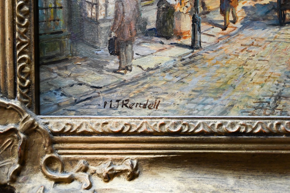 M J Rendell - A busy street view, oil on board, signed lower left, 38.5 x 48.5 cm - Image 3 of 4