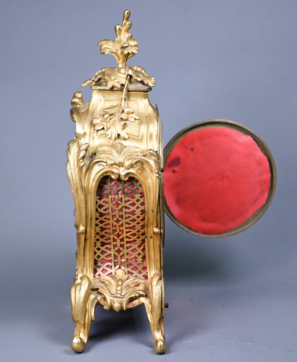 A French gilt ormolu cased 8-day fusee mantel clock, in the rococo style, with engine turned dial, - Image 4 of 6