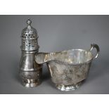 A silver baluster sugar caster in the early 18th Century manner, Chester 1927, 15cm high, to/w a
