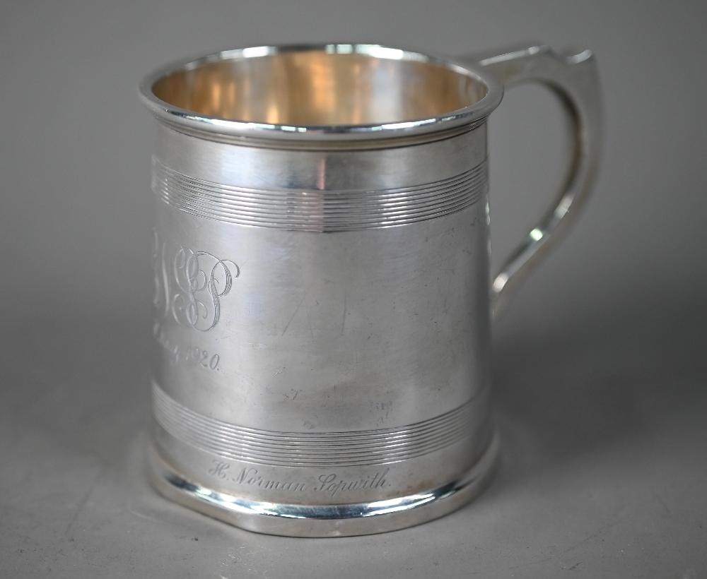 Silver Christening mug in the Georgian manner, of tapering form with reeded bands and scroll handle, - Image 2 of 6