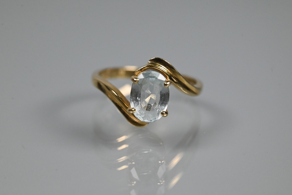 An oval aquamarine set in yellow metal scroll setting stamped 585, size O c/w accompanying - Image 7 of 9
