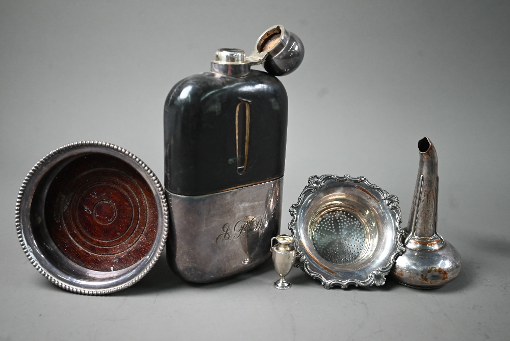 An Old Sheffield Plate wine funnel, to/w a hip-flask, wine coaster, three-piece condiment set, - Image 3 of 4