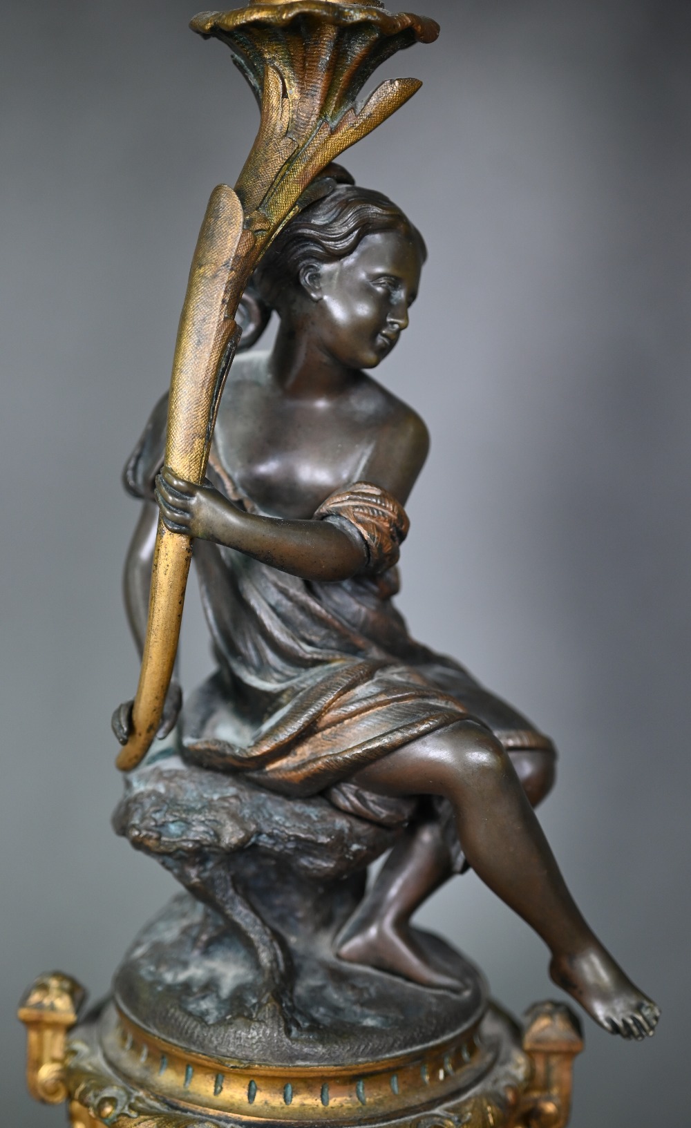 A good pair of French bronze, ormolu and marble six branch candelabra, the seated classical female - Image 5 of 8
