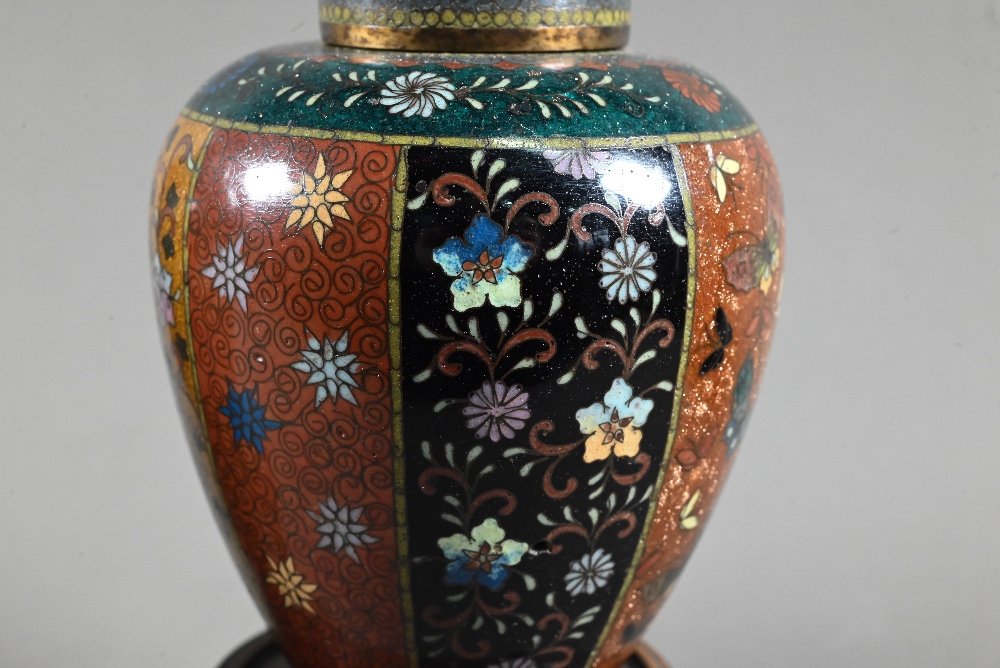 A pair of late 19th or early 20th century Japanese cloisonne ovoid vases with domed covers and - Image 12 of 16