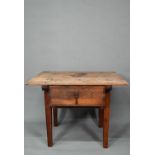 An antique provincial French table with single deep drawer, rasied on square legs, 94 cm w x 66 cm x