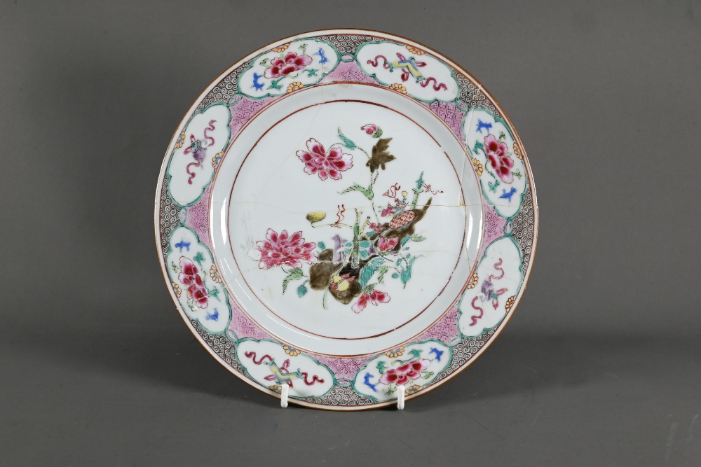 Six 18th century Chinese famille rose plates (four circular and two octagonal) painted with a - Image 8 of 15