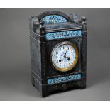 A Victorian Aesthetic Movement slate mantel clock with French drum movement, with painted enamel