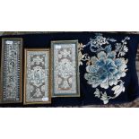 A Chinese blue ground floral embroidered fabric panel with silk lining, 110 x 110 cm to/w three 19th