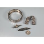 Collection of antique jewellery including white metal half-hinged bangle, Dutch white metal embossed