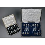 A cased set of twelve old English pattern silver coffee spoons with tongs, Cooper Brothers & Sons,