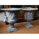 A pair of antique campana style lead urns, with loop handles, 56 cm h (2) some distortion/misshaping
