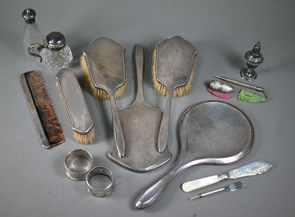 Silver-backed four piece brush set including hand-mirror, to/w another mirror and various silver and