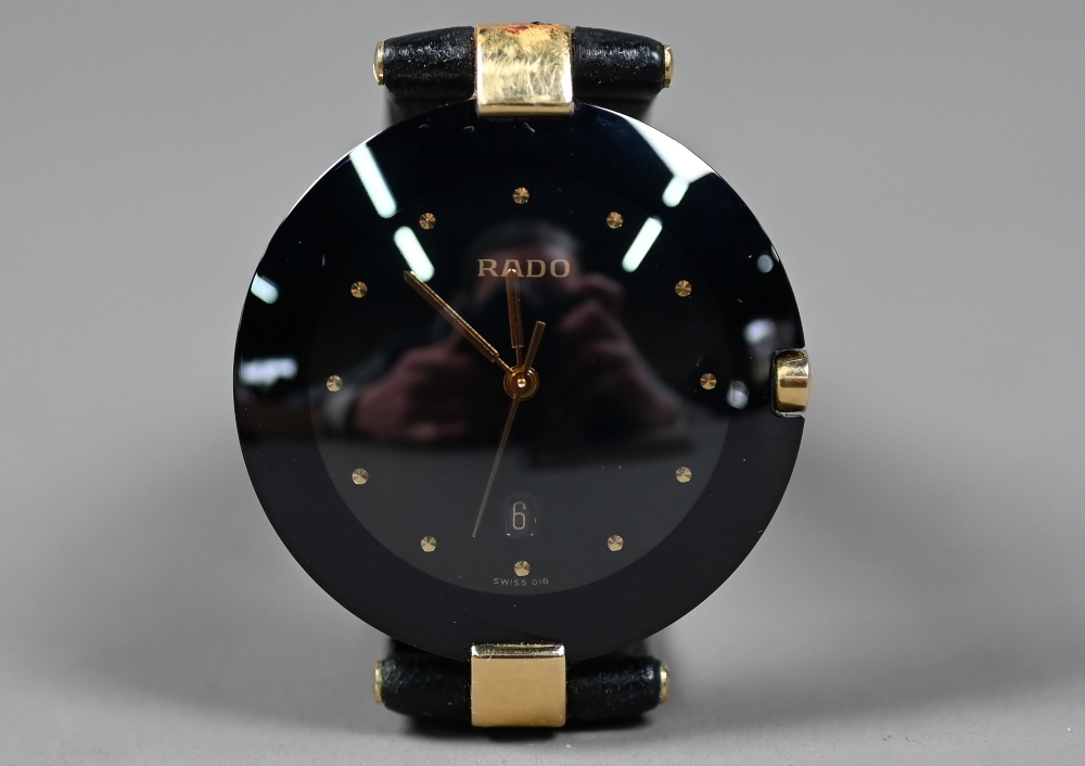WITHDRAWN A Rado Dia Star wristwatch, black dial and gilt, with black leather strap, - Image 4 of 6
