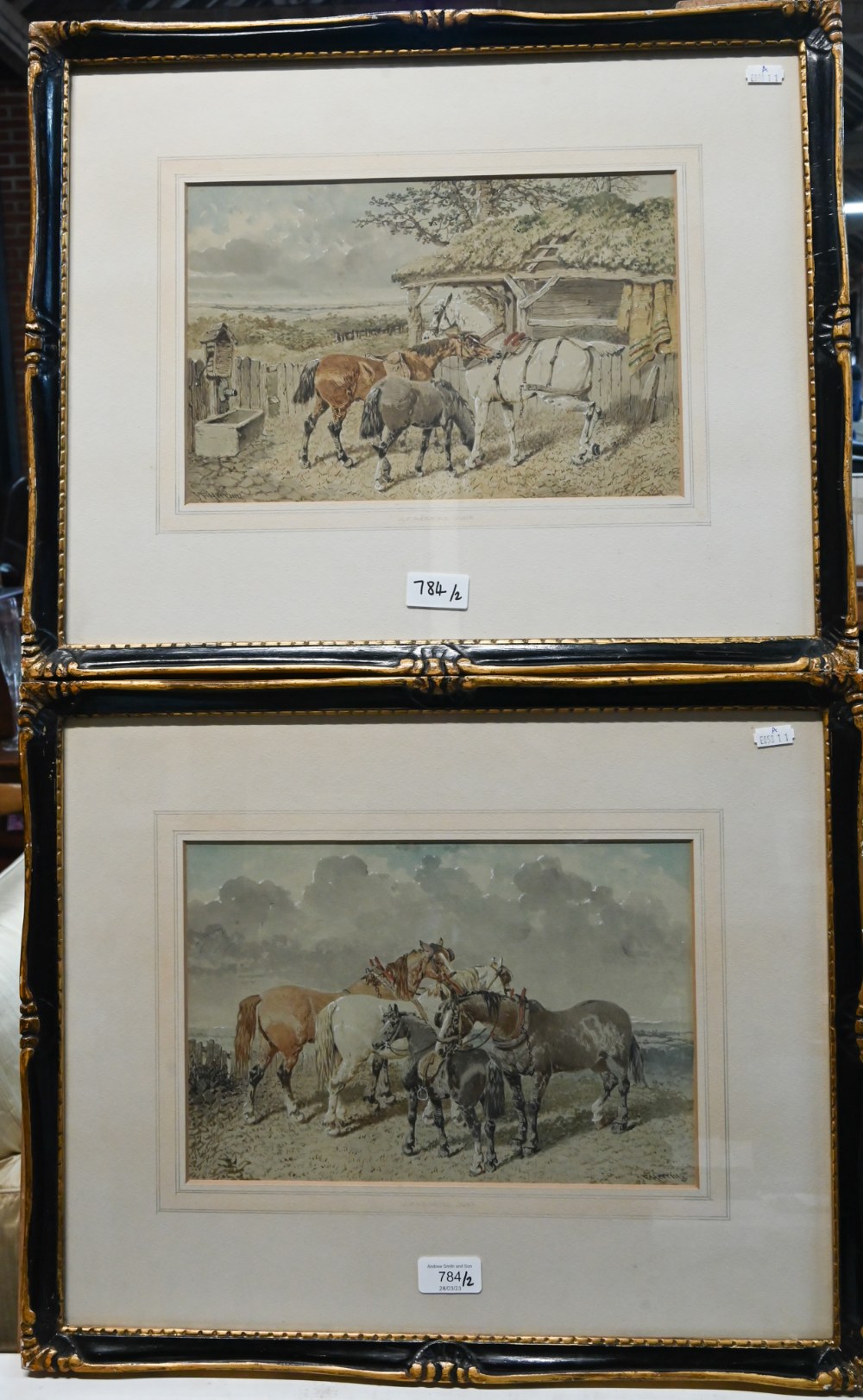 J F Herring Jr (1815-1907) - A pair of studies of horse and ponies in a landscape, watercolour,