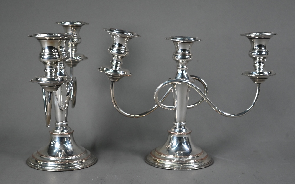 Pair of plated on copper three-sconce candelabra on baluster stems, 21cm high - Image 2 of 4