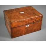 A Victorian walnut jewellery box with part fitted interior, two glass bottles, drawer to base, 30 cm