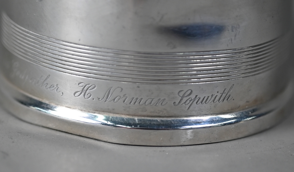 Silver Christening mug in the Georgian manner, of tapering form with reeded bands and scroll handle, - Image 5 of 6