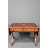 A Sheraton inlaid satinwood sofa table, the drop end top with ribbon bow design over two frieze