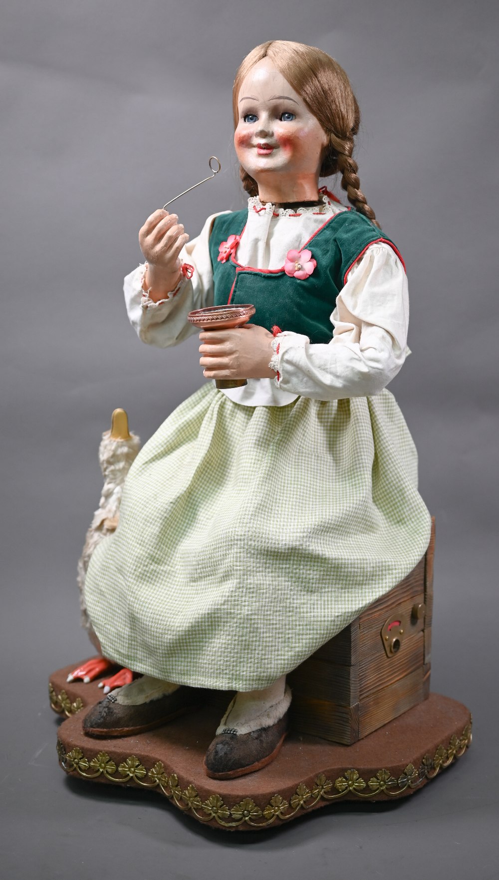 A large 19th century French automaton, Farmer's Daughter Blowing Bubbles, with duckling - she dips - Image 5 of 7