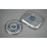 Edwardian engraved silver cigarette case, Birmingham 1908, 3.1oz, to/w a silver-backed circular