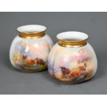 A pair of Royal Worcester vases, with gilded rims, painted with Highland cattle by Harry Stinton,