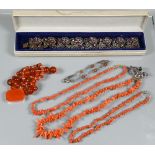 A Victorian stick coral necklace, cornelian beads and purple paste set bracelet and brooch (4)