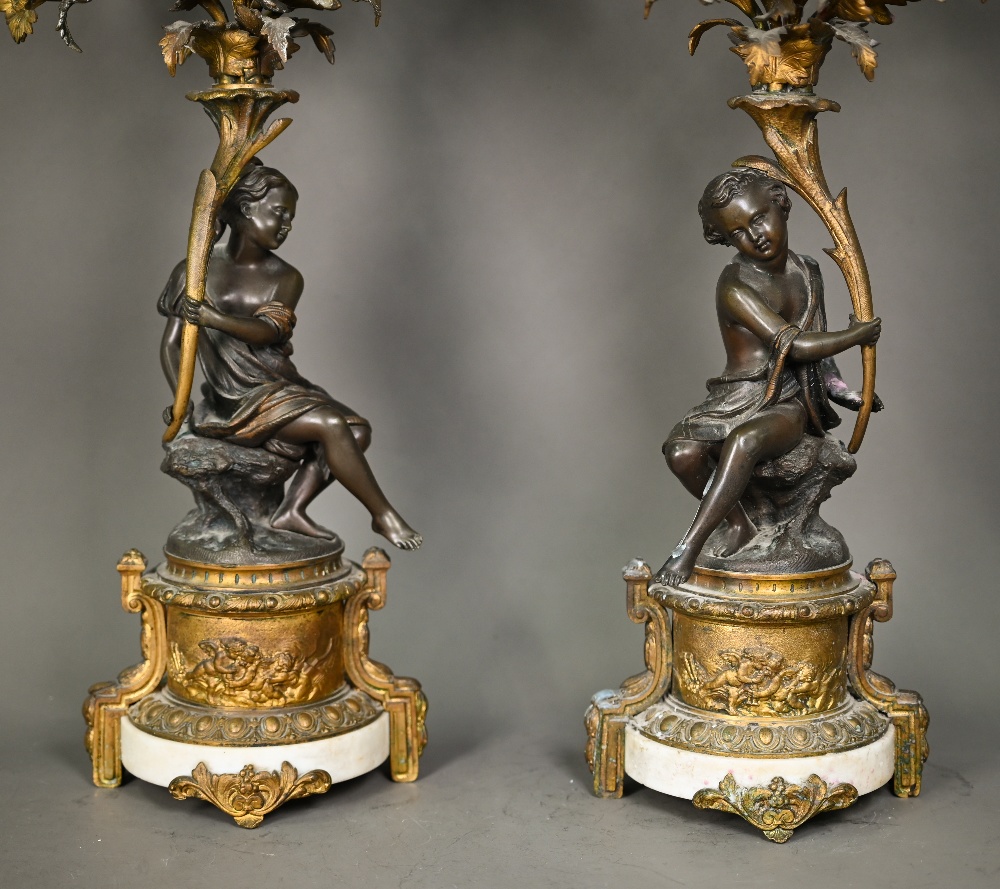 A good pair of French bronze, ormolu and marble six branch candelabra, the seated classical female - Image 3 of 8