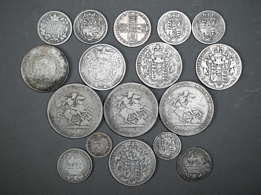 A selection of Georgian British silver coinage including 1758 shilling VF, 1762 3d VF, 1816 half