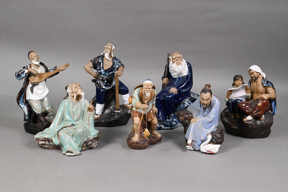 Four 20th century Chinese Shiwan lead-glazed mudmen figures, signed 'Wan Jiang' and three other