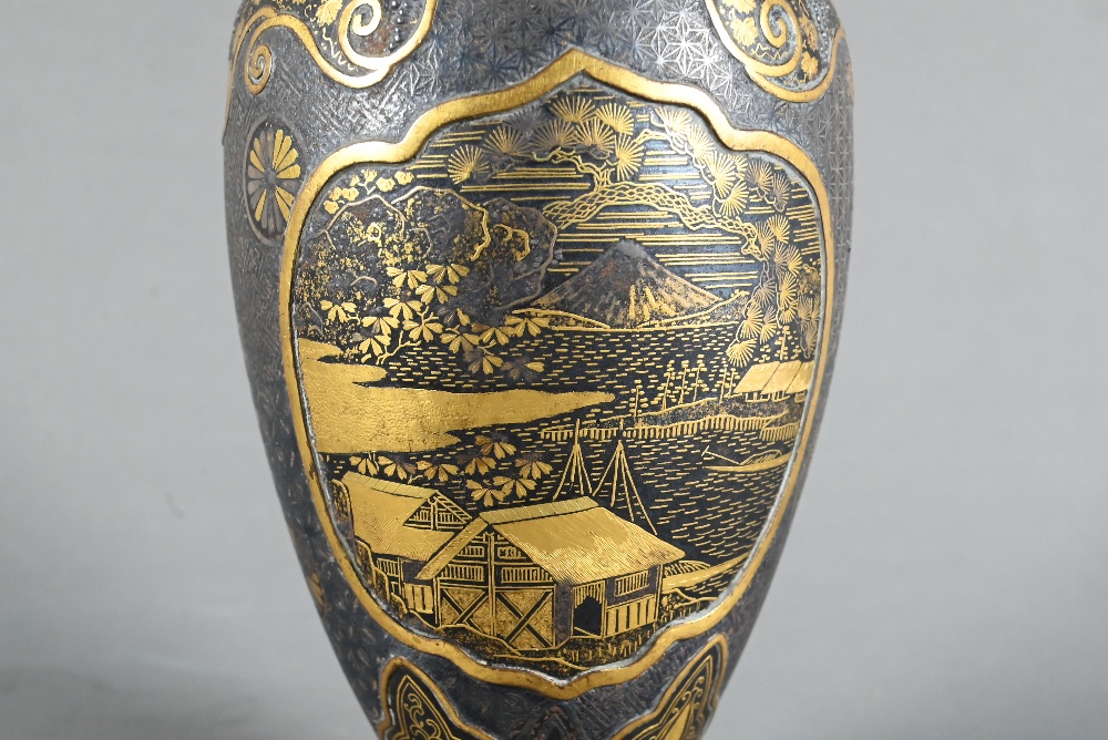 A small late 19th or early 20th century Japanese iron and mixed metal Komai style vase signed - Image 3 of 10