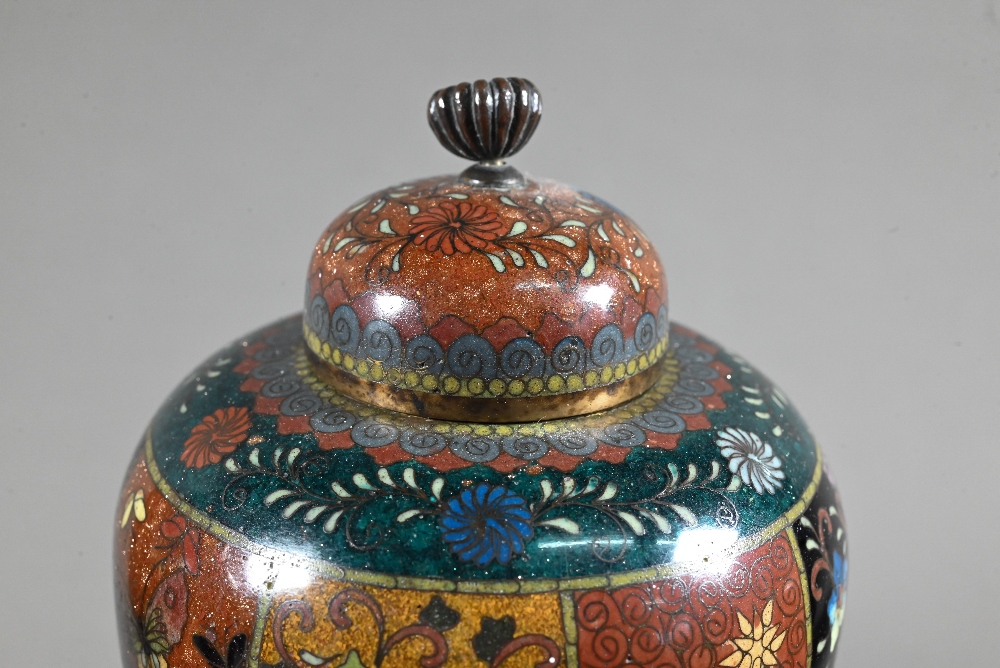 A pair of late 19th or early 20th century Japanese cloisonne ovoid vases with domed covers and - Image 11 of 16