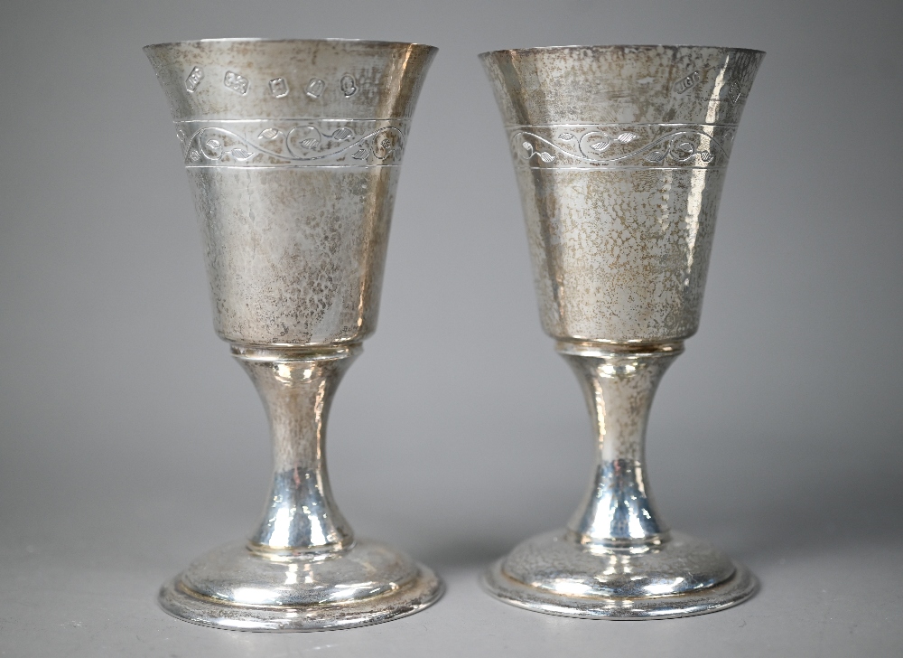 A pair of Lincoln Cathedral planished silver goblets with foliate engraving, limited edition nos. - Image 3 of 7