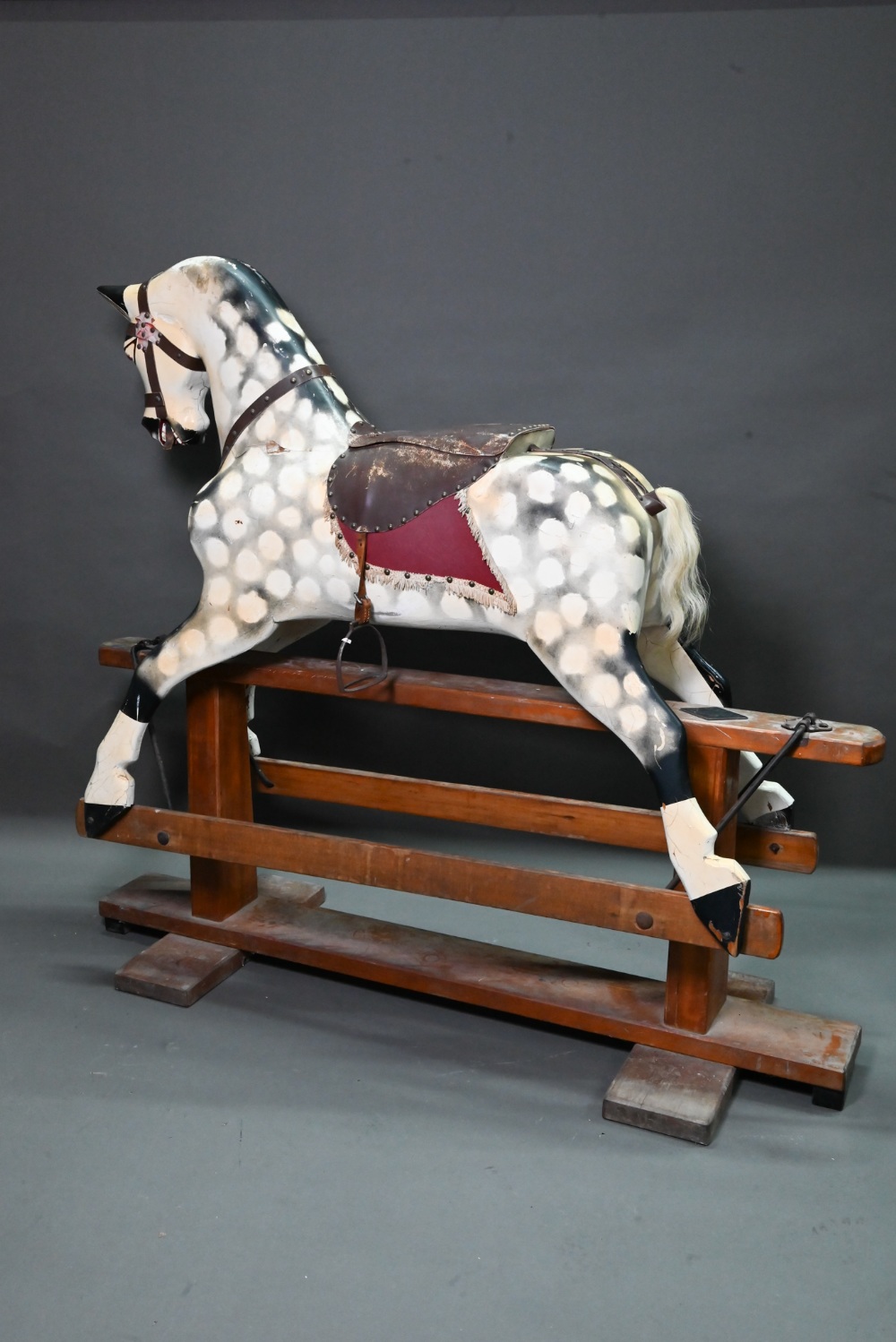 A large antique country house wooden rocking horse, (in later dapple grey finish), with remnants - Image 2 of 11
