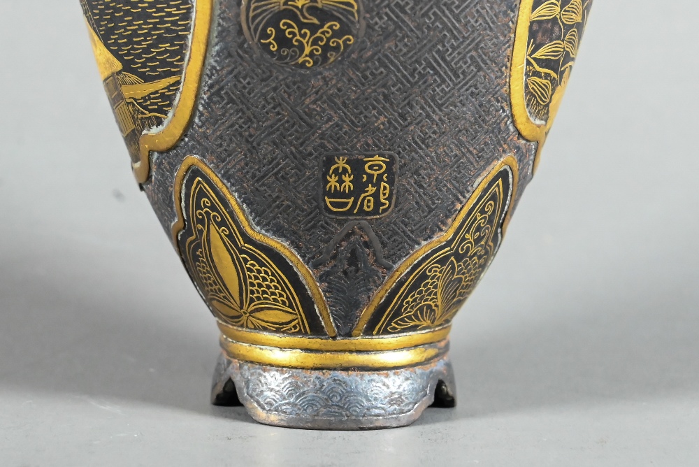 A small late 19th or early 20th century Japanese iron and mixed metal Komai style vase signed - Image 7 of 10