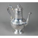 Victorian silver baluster coffee pot with engraved decoration and scroll handle with ivory