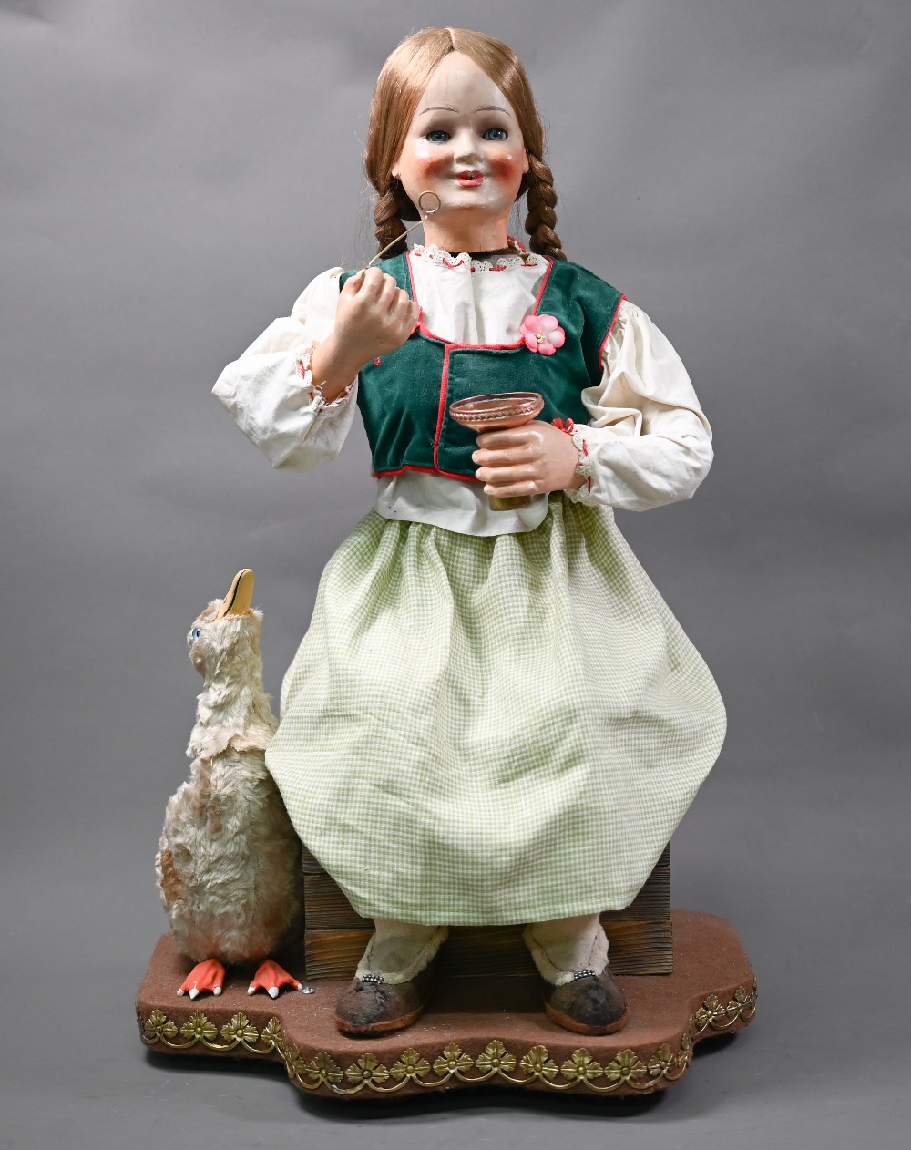 A large 19th century French automaton, Farmer's Daughter Blowing Bubbles, with duckling - she dips - Image 4 of 7