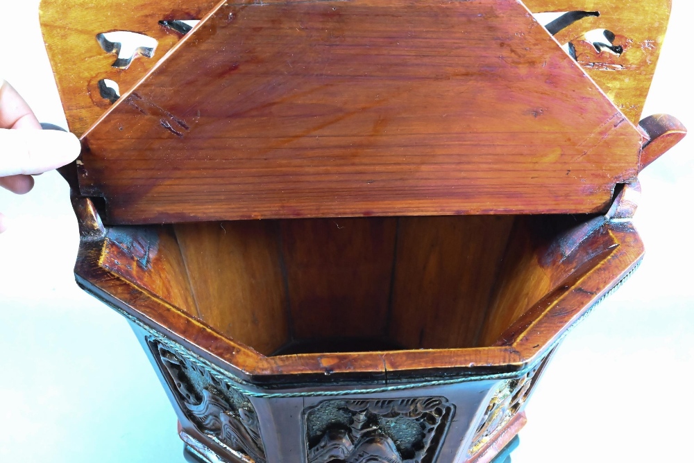 A Chinese stained hardwood water bucket of tapering octagonal form with floral and foliate fret- - Image 7 of 10