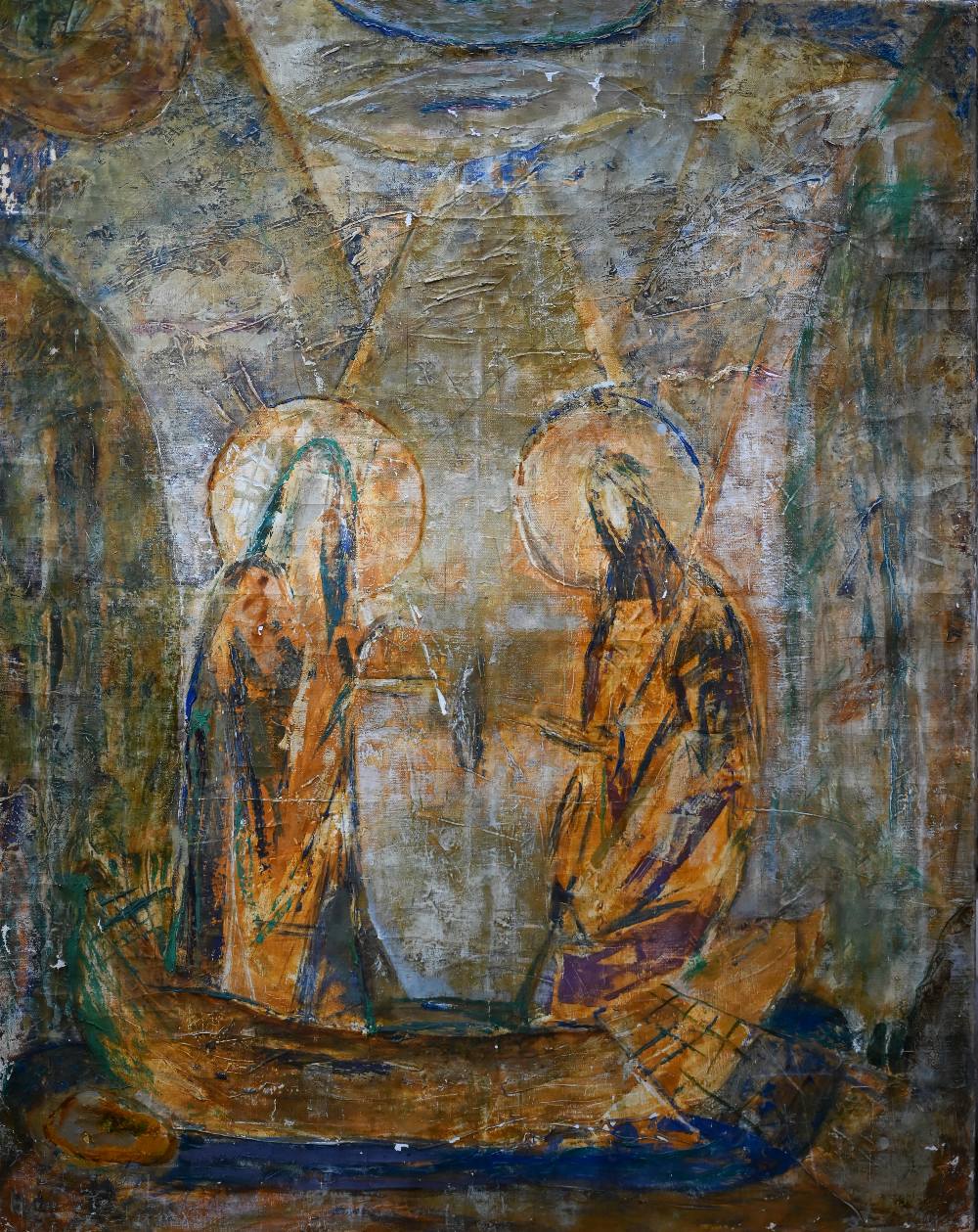 20th century Russian school - A trio of abstract figurative compositions of religious reference, oil - Image 2 of 14