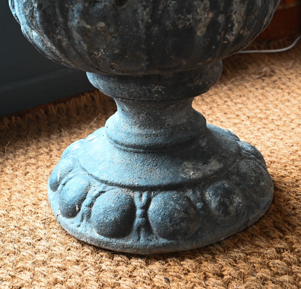 A pair of antique classical style lead urns, with dragon handles, 56 cm h (2) original, bodies - Image 6 of 6