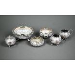 Indian silver bowl with chased decoration, on 'snake's head' feet 10cm, to/w two smaller bowls