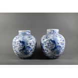 A pair of 19th century Chinese blue and white ginger jars and covers, each painted in rich tones