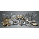 Pair of electroplated candelabra, to/w various decorative tea wares, etc. (box)