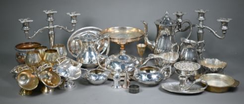 Pair of electroplated candelabra, to/w various decorative tea wares, etc. (box)