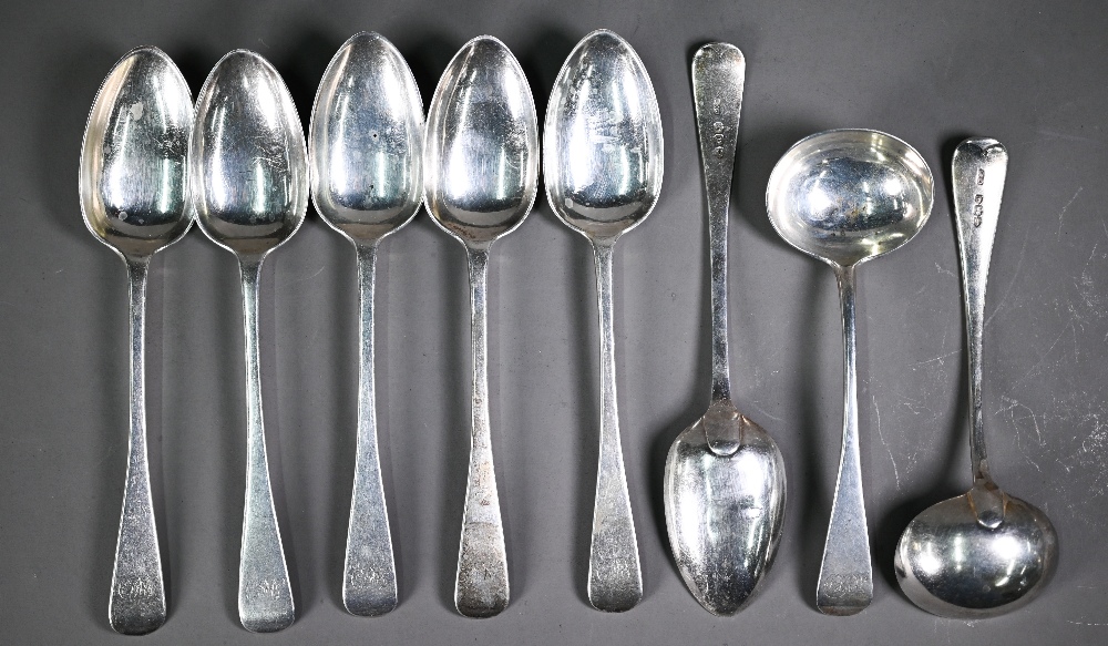 A part set of late Victorian old English pattern silver flatware, comprising six each tablespoons - Image 2 of 3