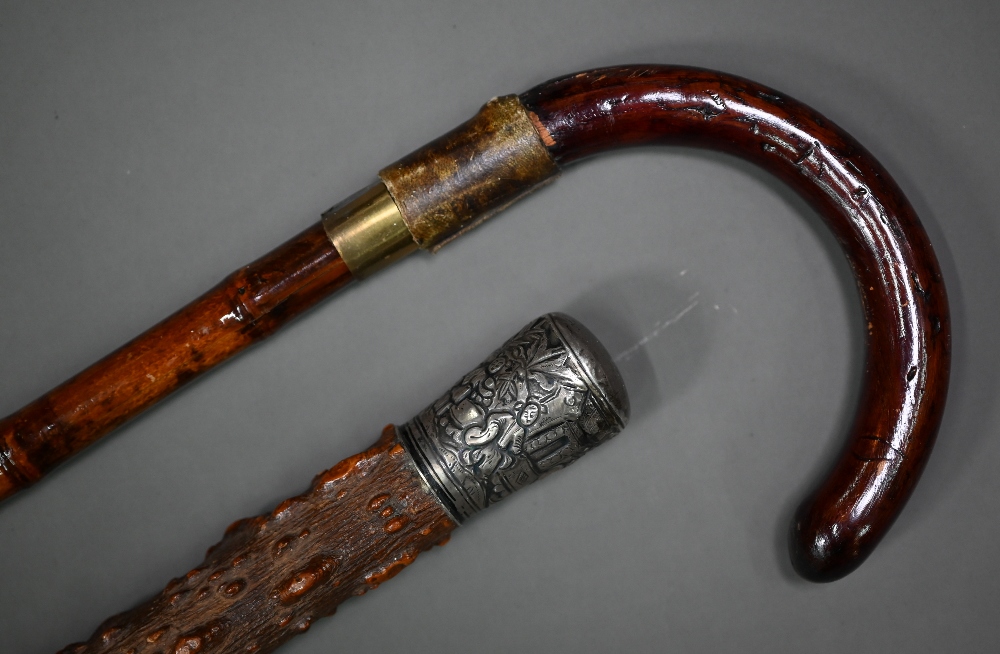 A late 19th century sword stick with hoop handle within a bamboo scabbard to/w an oriental silver - Image 2 of 4