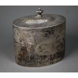 A Sheraton Revival oval silver tea caddy with urn finial, Stokes & Ireland Ltd, Chester 1920, 14.