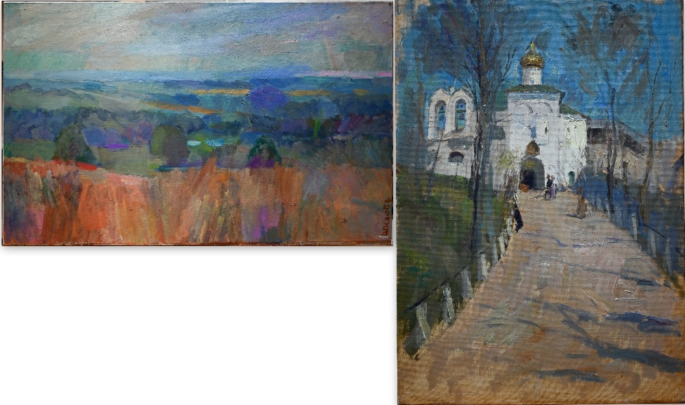 20th century Russian school - Bridge to an Orthodox church, oil on canvas board, 75 x 50 cm to/w