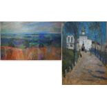 20th century Russian school - Bridge to an Orthodox church, oil on canvas board, 75 x 50 cm to/w