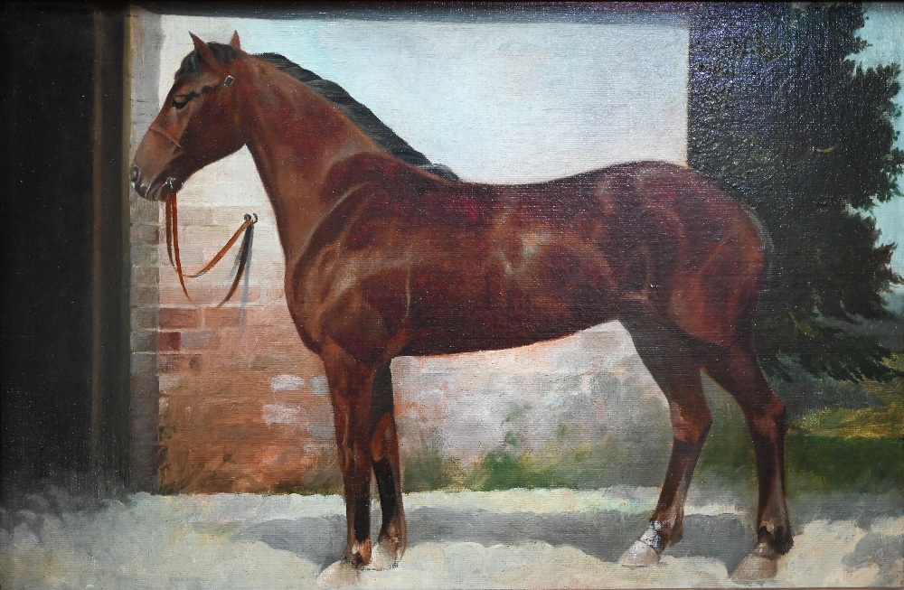 Manner of Herring - Study of a chestnut horse before a stable, oil on canvas, 29 x 44 cm Relined - Image 2 of 3