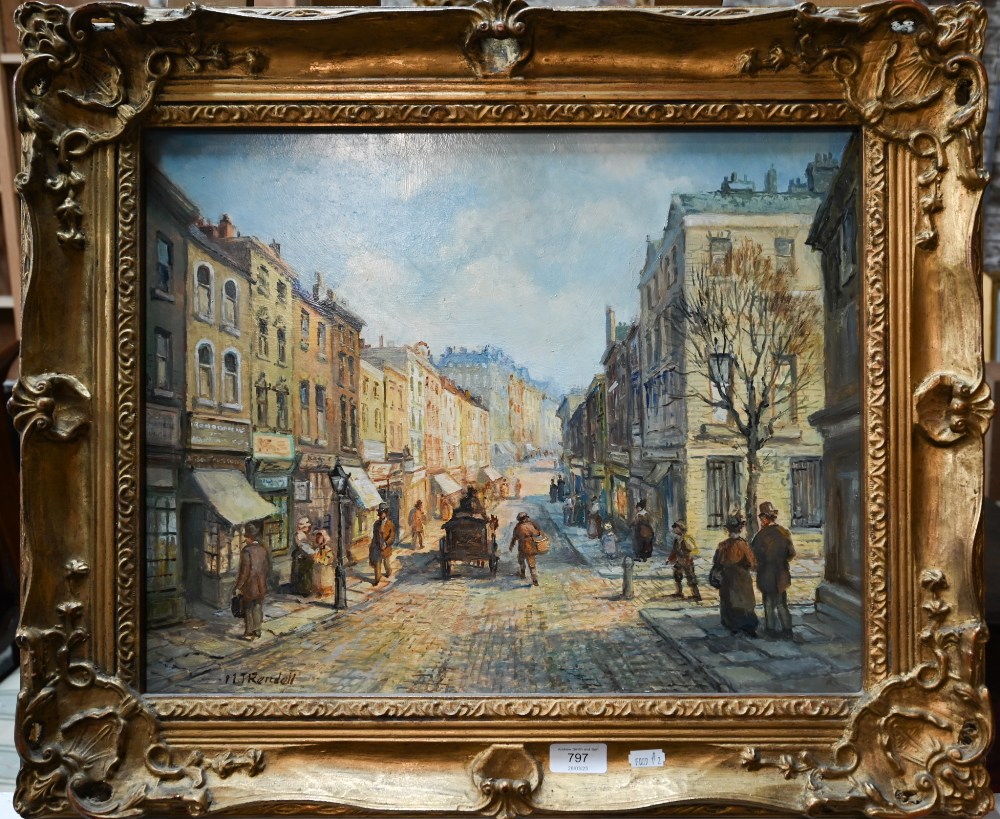 M J Rendell - A busy street view, oil on board, signed lower left, 38.5 x 48.5 cm